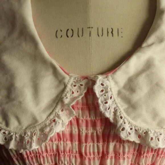 Vintage 1960s 1970s Dress, Pink and White Gingham Maxidress withBbig Lace Collar - Picture 5 of 14